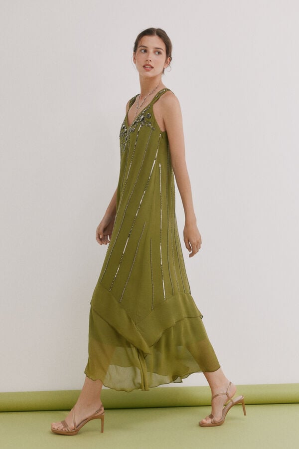 Hoss Intropia Aurore.Vestido abalorios Kaki